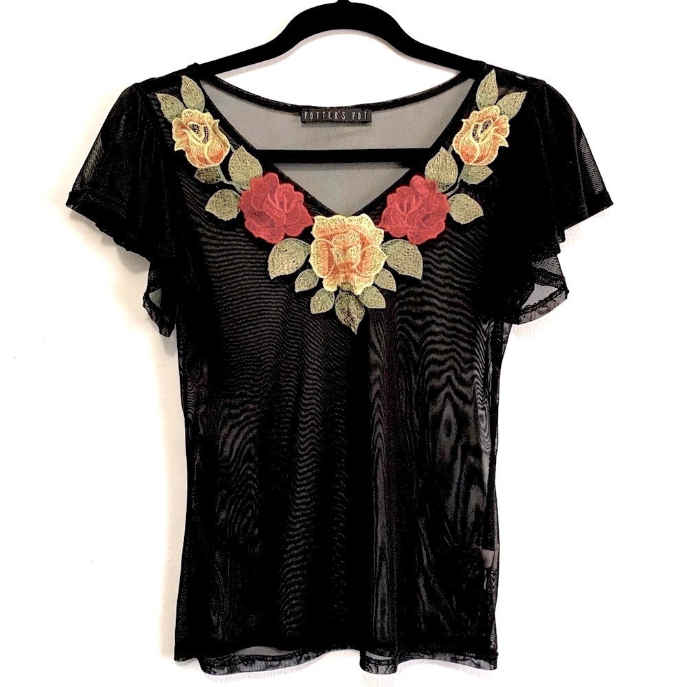Potter’s Pot Embroidered Mesh Short Sleeves V-Neckline Top
